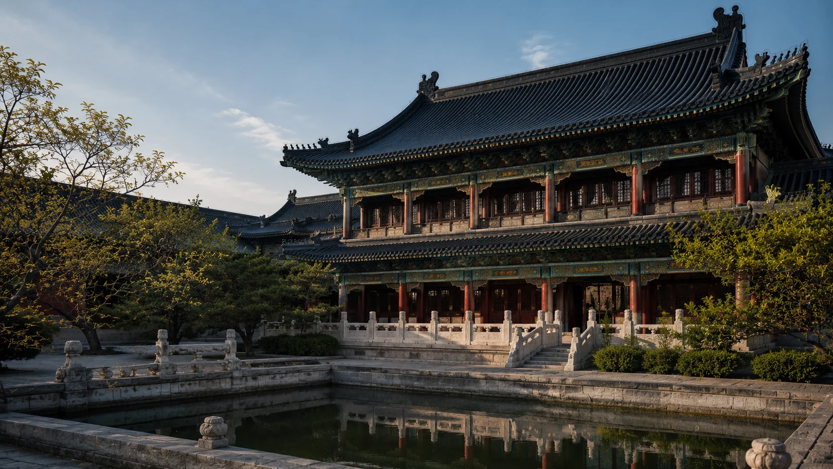 Dark glazed roof pavilion inspired by Wenyuan Pavilion and the traditional association between Water and protection from Fire