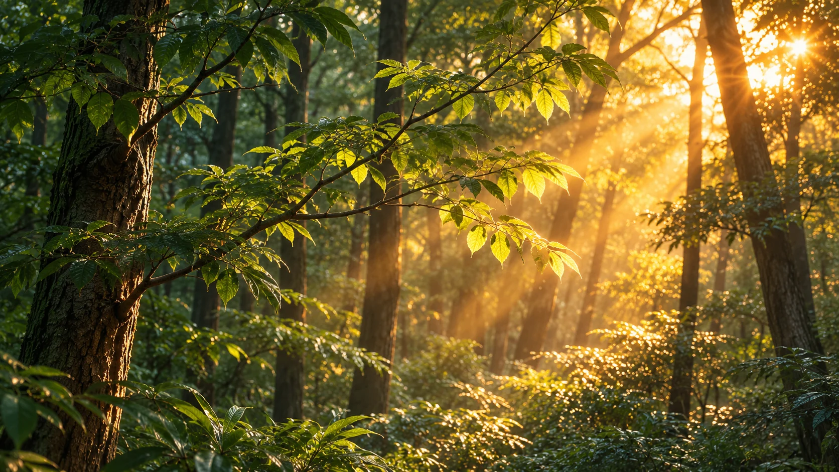 A sunlit forest illustrating the traditional Wood-generates-Fire relationship in the Five Elements for the Rabbit in 2026.