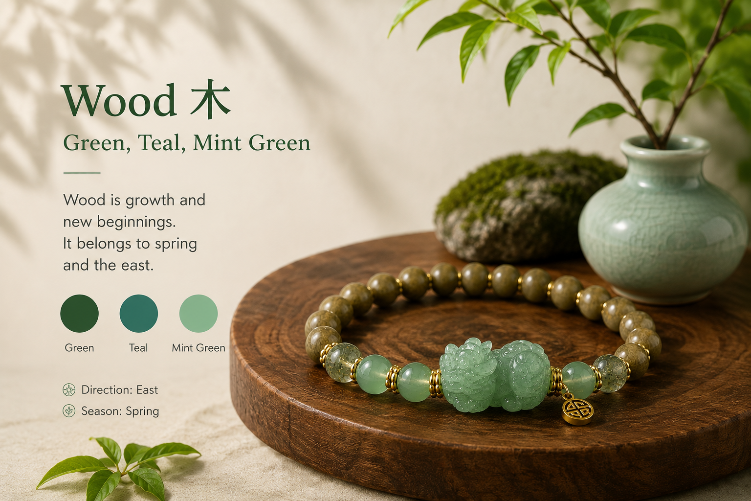 Wood element palette — a jade Pixiu bracelet on a wooden tray with a celadon vase, moss stone and fresh spring foliage.