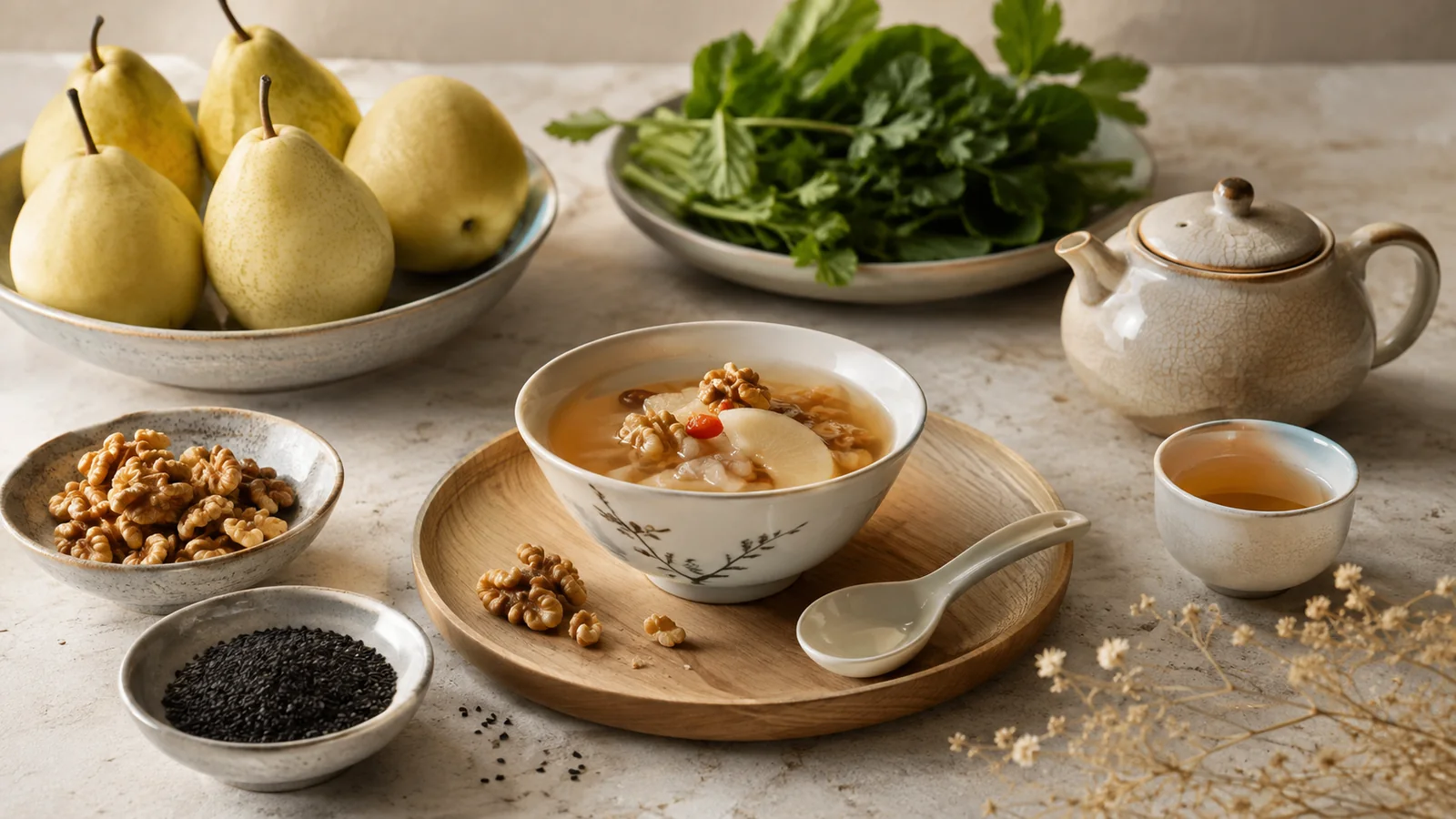 Autumn seasonal food spread with Asian pears, walnuts, black sesame and a pot of tea.