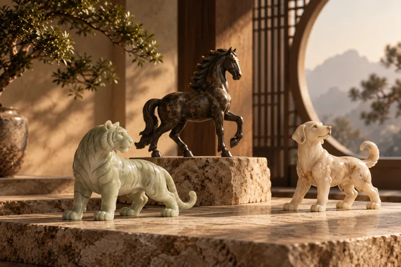 Tiger, Horse and Dog sculptures representing the Three Harmonies of the Chinese Zodiac