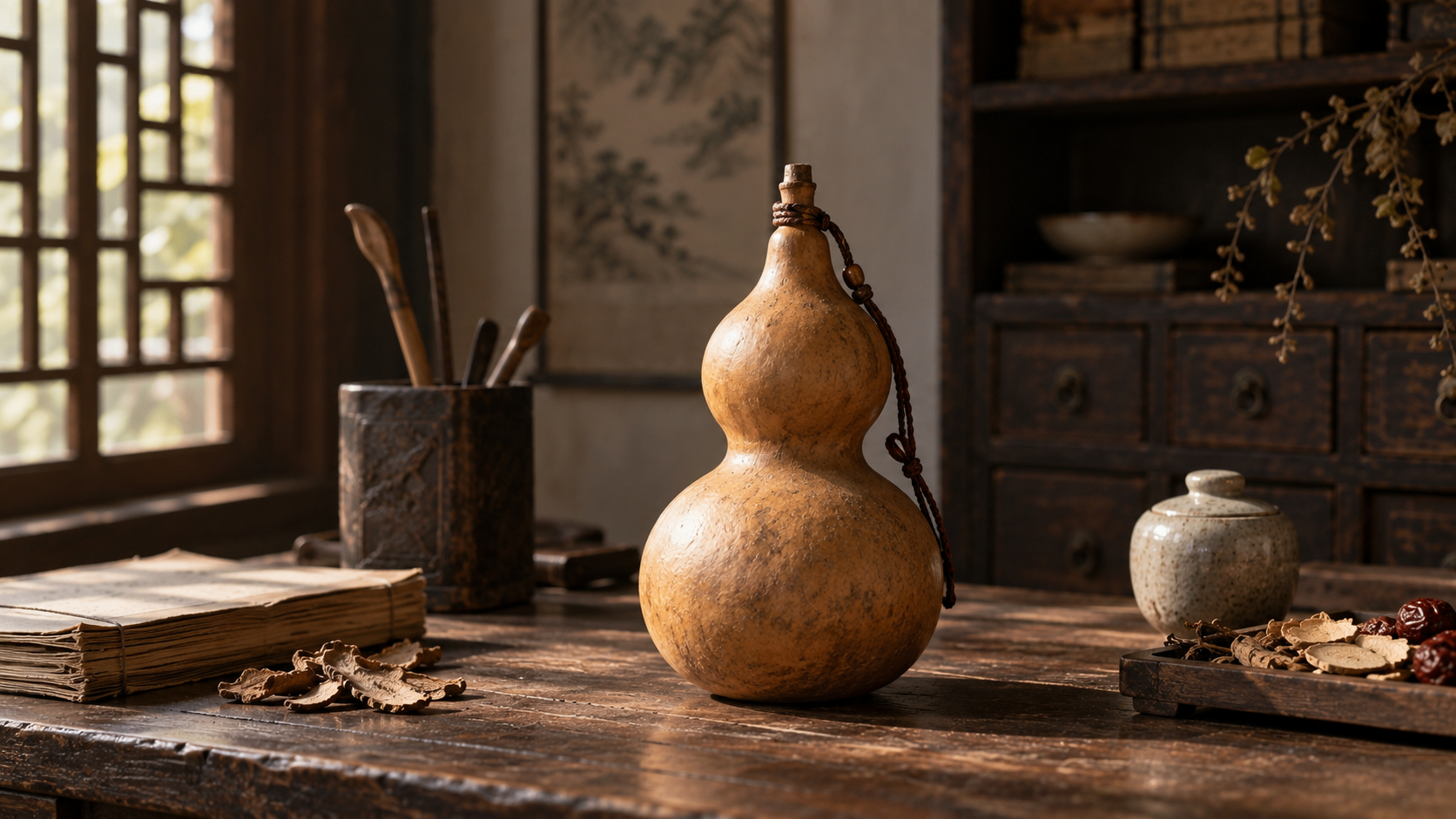 Traditional dried Hulu used as a vessel in a historical Chinese apothecary setting.