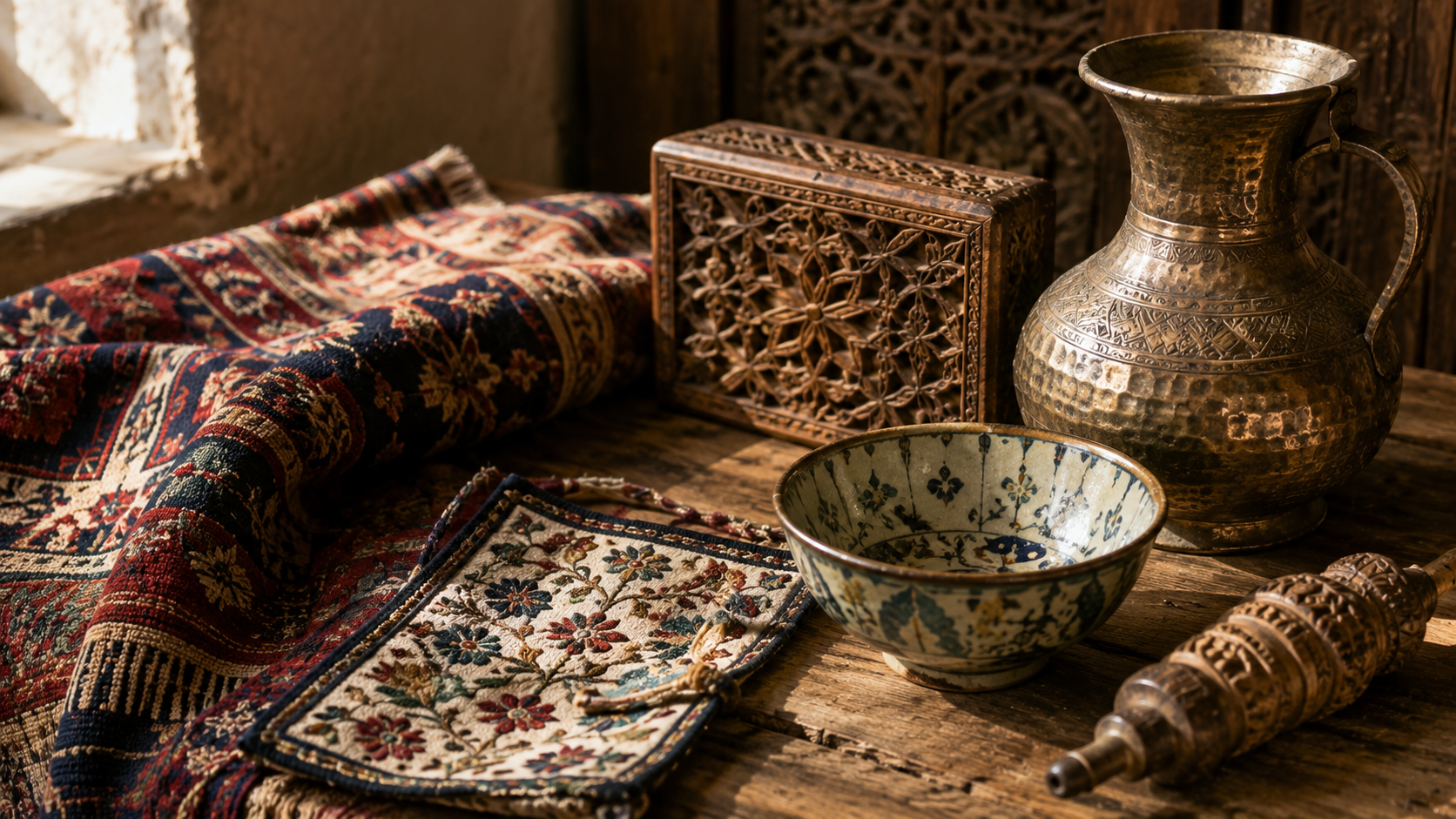 Traditional textiles, carved wood, metalwork and ceramics representing craftsmanship found across Xinjiang.