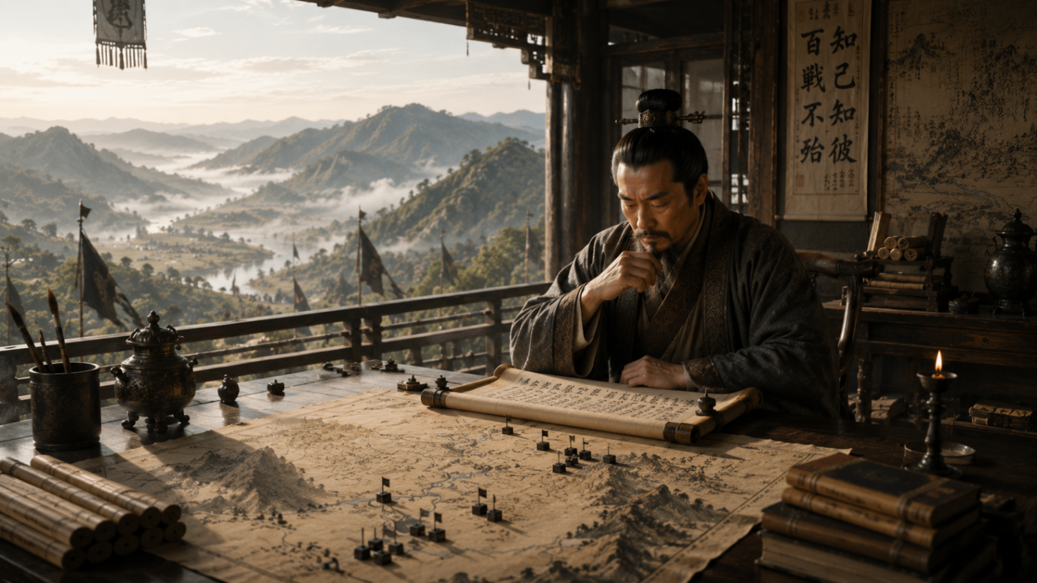 An ancient Chinese strategist studies maps and military scrolls in a command pavilion overlooking mountains and valleys, calm and contemplative rather than focused on battle.
