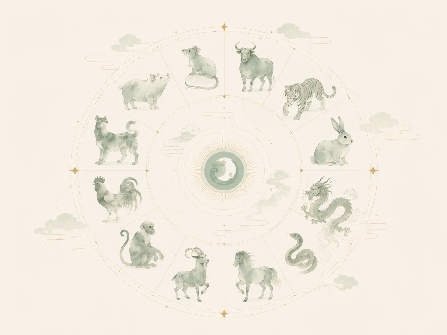 Traditional Chinese zodiac wheel featuring the twelve zodiac animals
