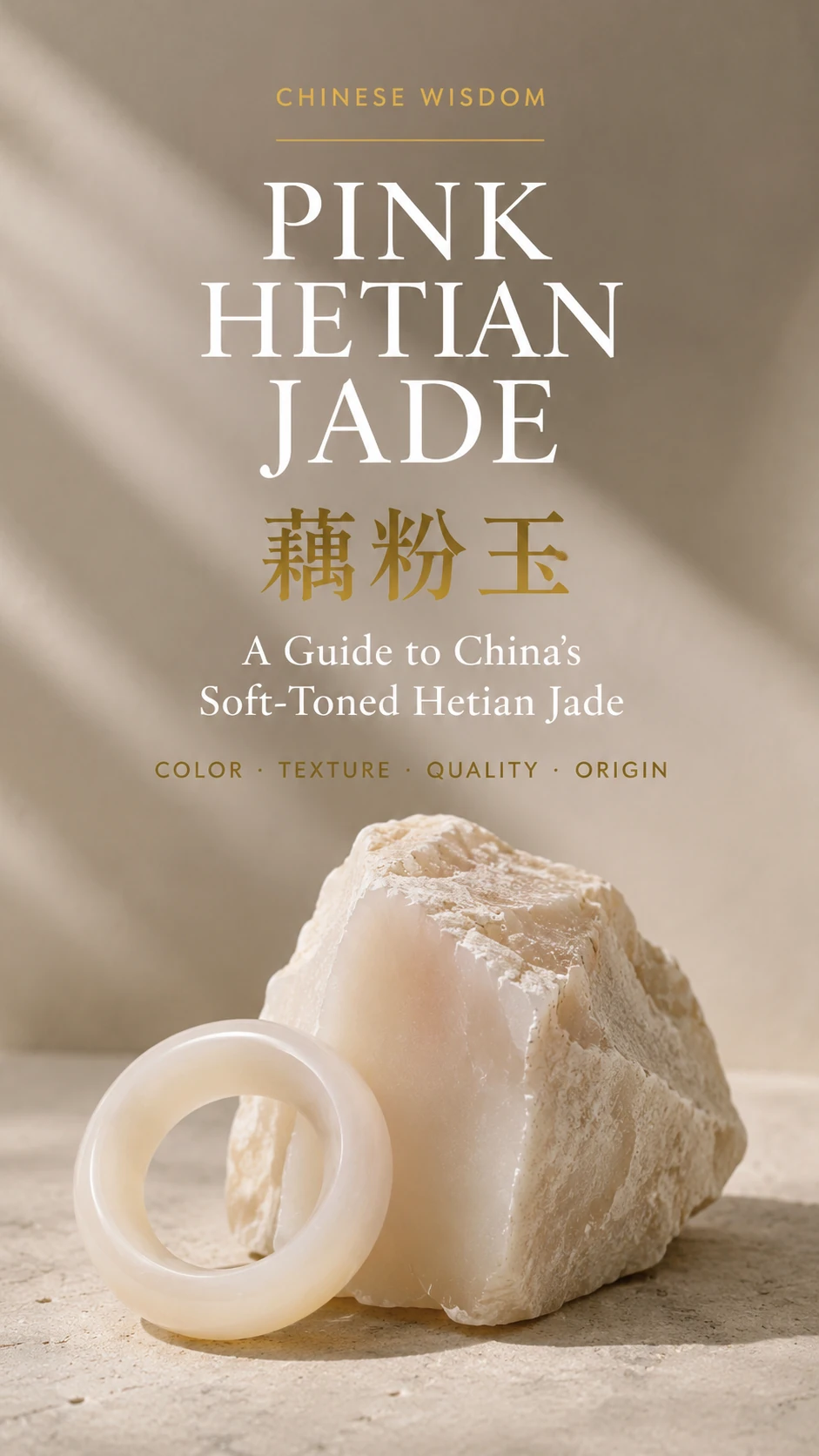 Soft pink 藕粉玉 Qinghai Hetian jade bangle and beads photographed in warm editorial light.