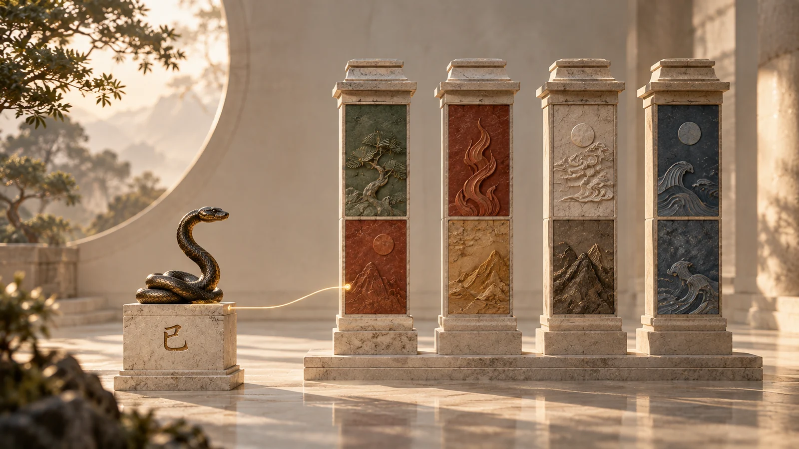 Bronze Snake 巳 sculpture beside four two-section stone pillars representing a complete BaZi birth chart.