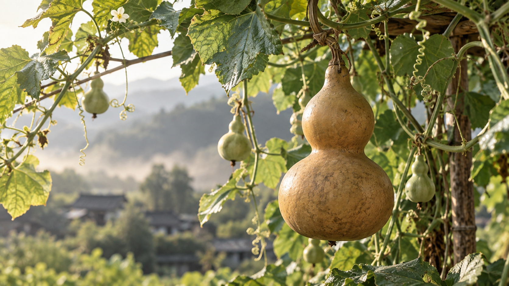 Traditional bottle gourds growing naturally on a vine in the Chinese countryside.