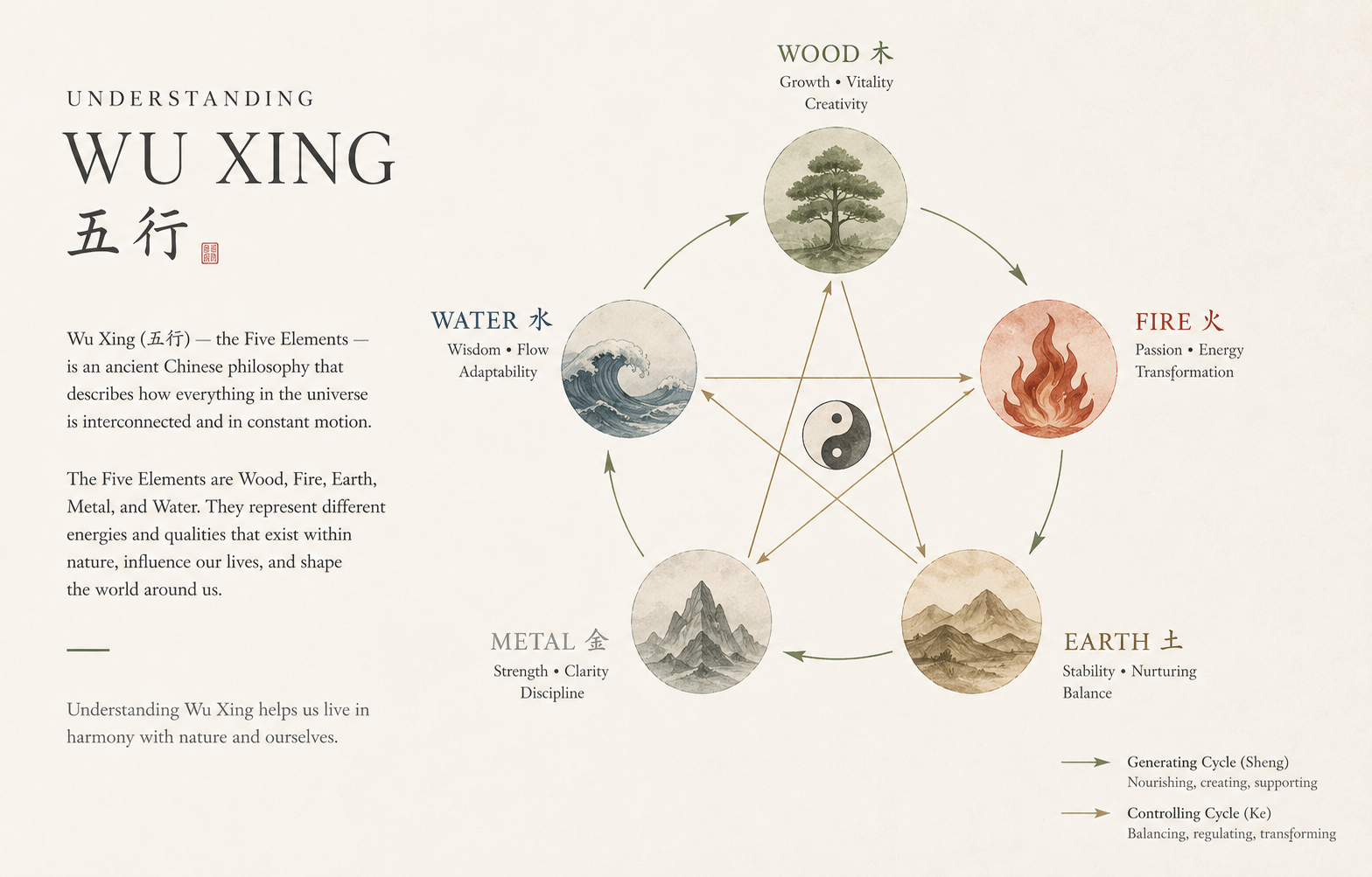 Understanding Wu Xing — the Five Elements arranged in the generating (Sheng) and controlling (Ke) cycles around a central Yin-Yang symbol.