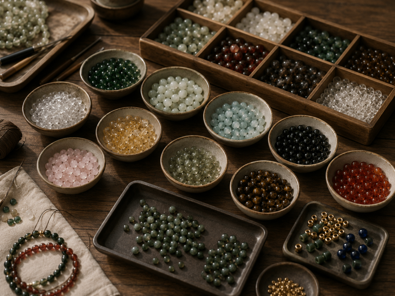 Neatly sorted AAA-grade gemstone trays organised by colour, clarity and size