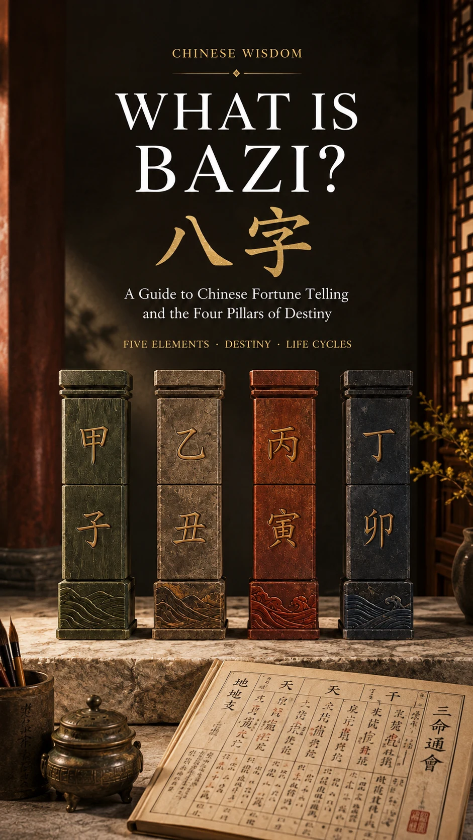 Traditional Chinese BaZi chart showing the Four Pillars of Destiny and Eight Characters.