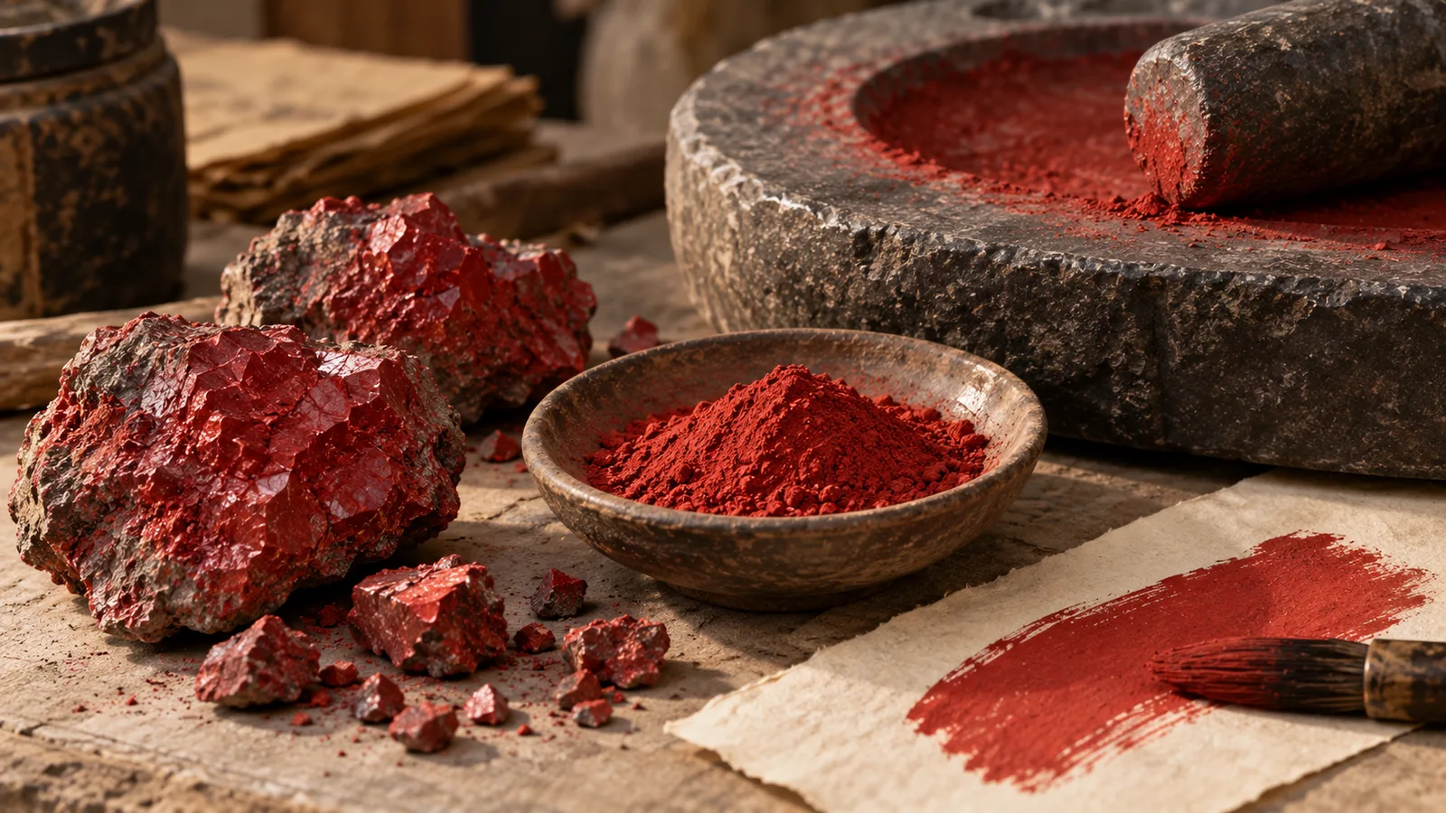 Natural cinnabar mineral being ground into traditional Chinese red pigment
