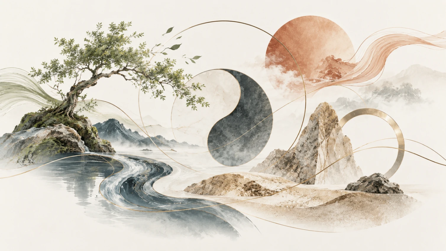Abstract composition illustrating Qi, Yin and Yang, and the Five Elements