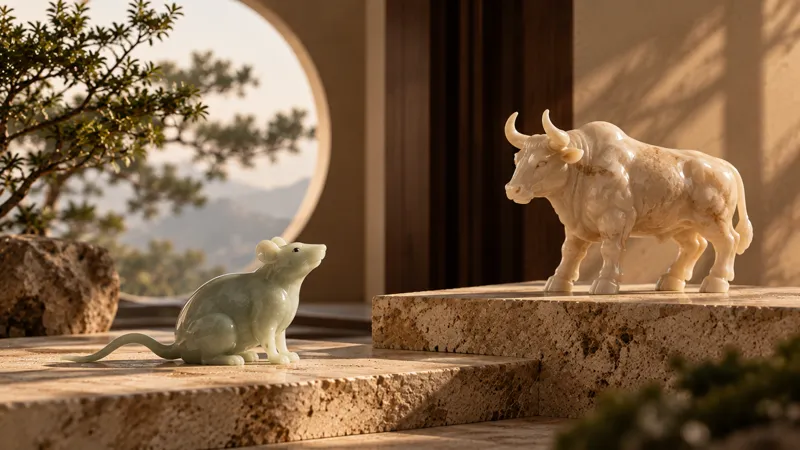 Rat and Ox sculptures representing the Six Harmonies in Chinese Zodiac compatibility