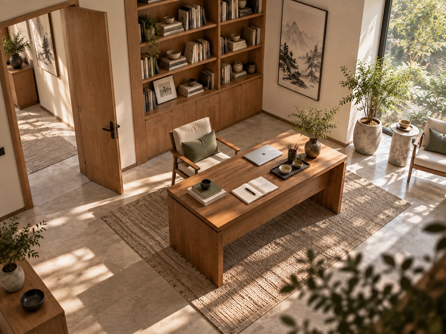 Elevated view showing the relationship between a work desk, doorway and circulation within a home study.