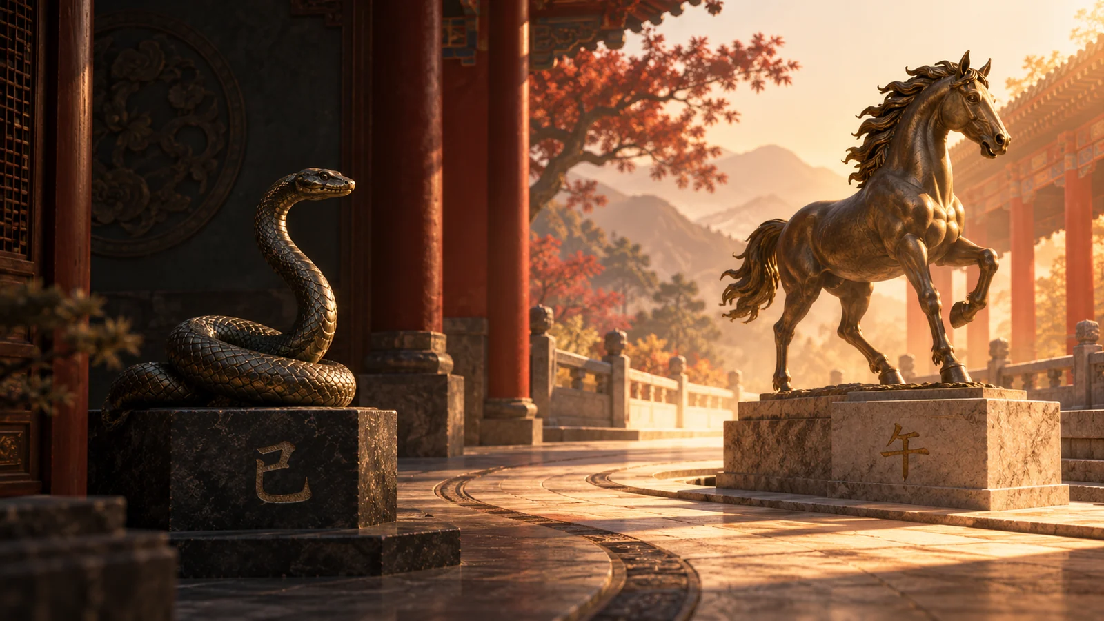 Snake 巳 and Horse 午 sculptures facing each other in a Chinese palace courtyard.