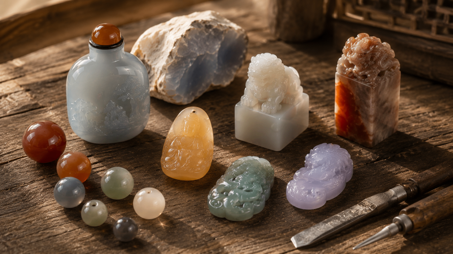 Traditional Chinese chalcedony carvings, seal, snuff bottle and carving tools.