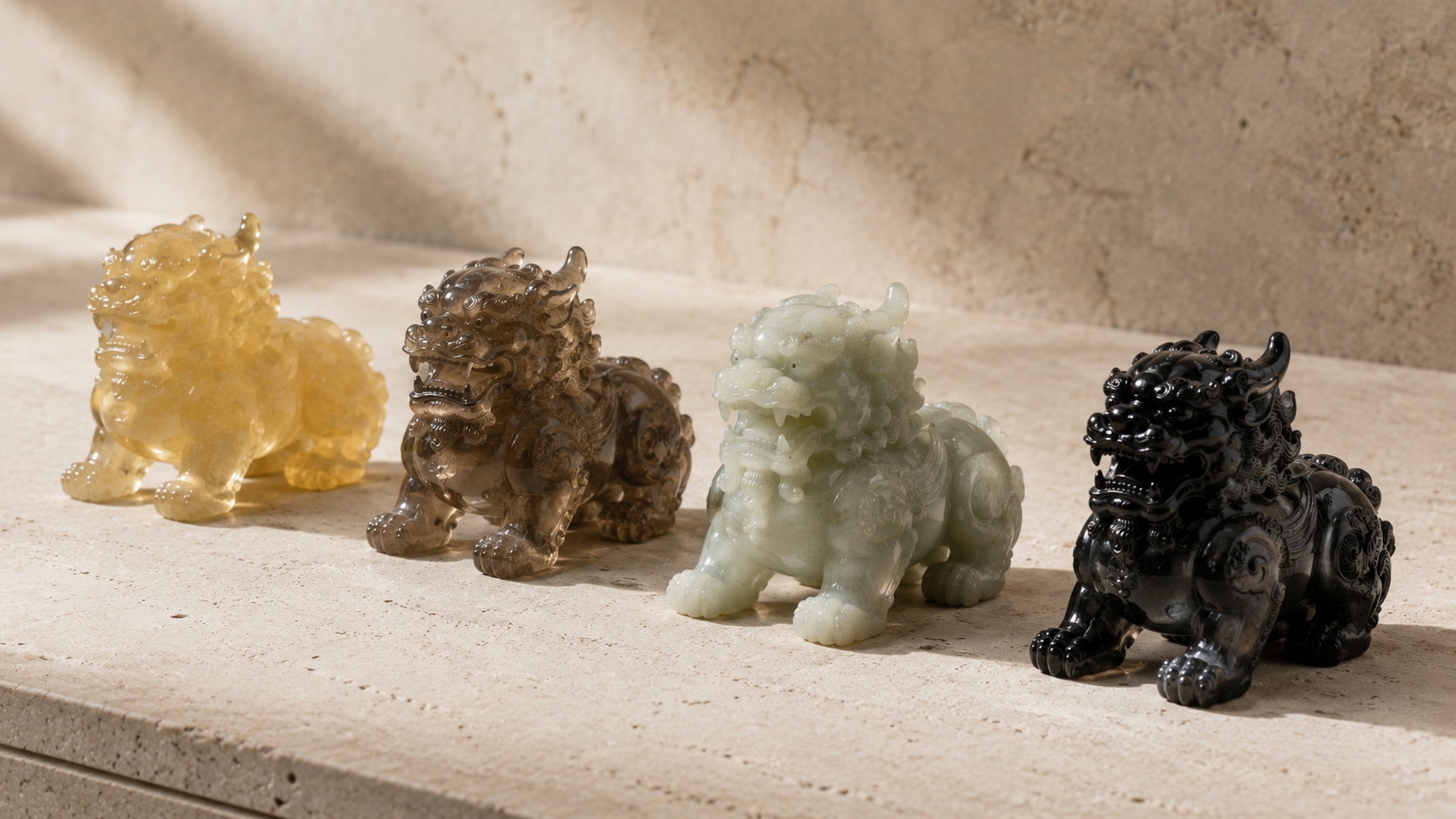 Four Pixiu carvings shown in yellow chalcedony, smoky quartz, jade and obsidian.