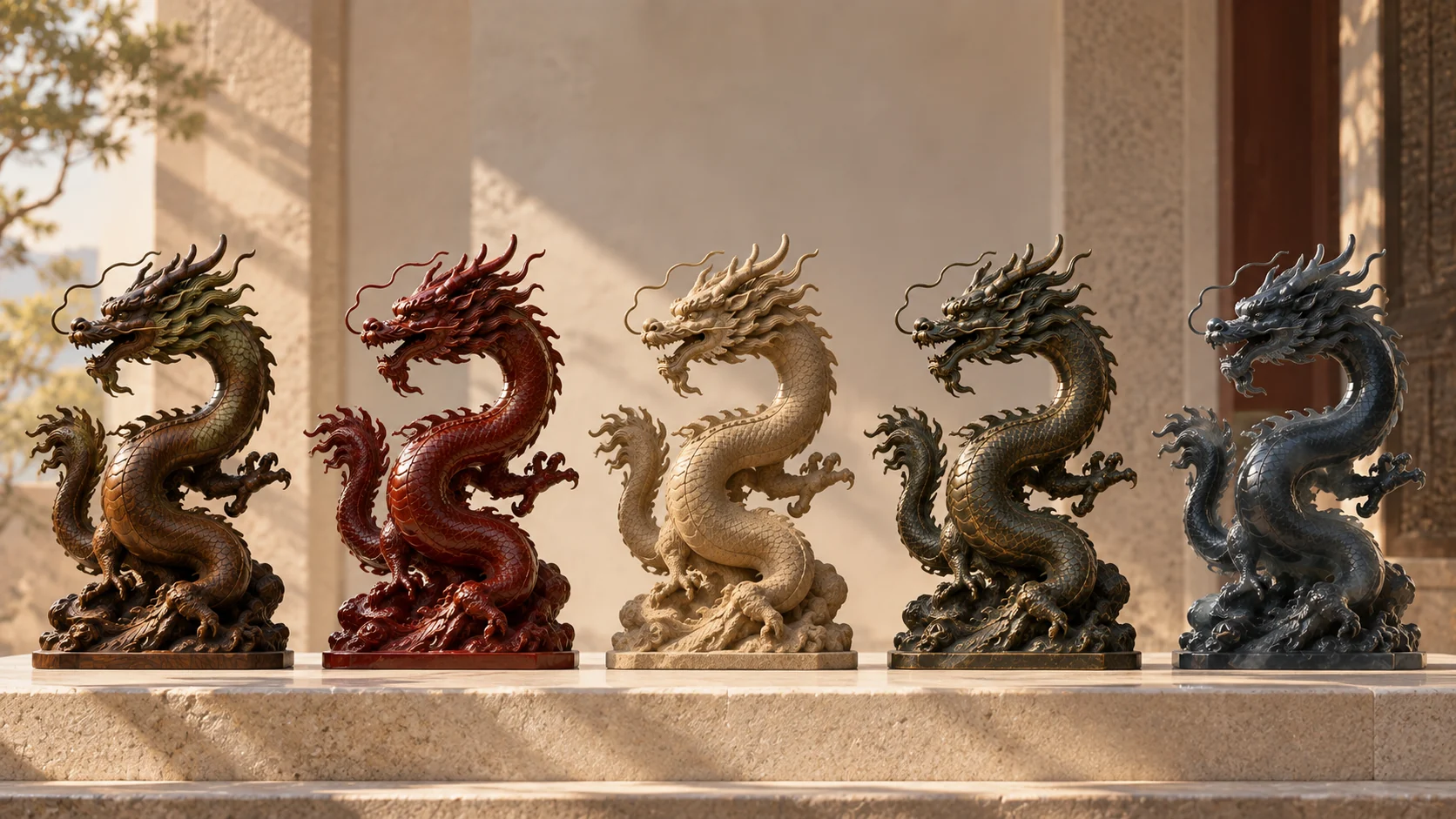 Five Dragon sculptures in wood, red lacquer, earth-toned stone, metal and dark stone representing the Five Element Dragon types.