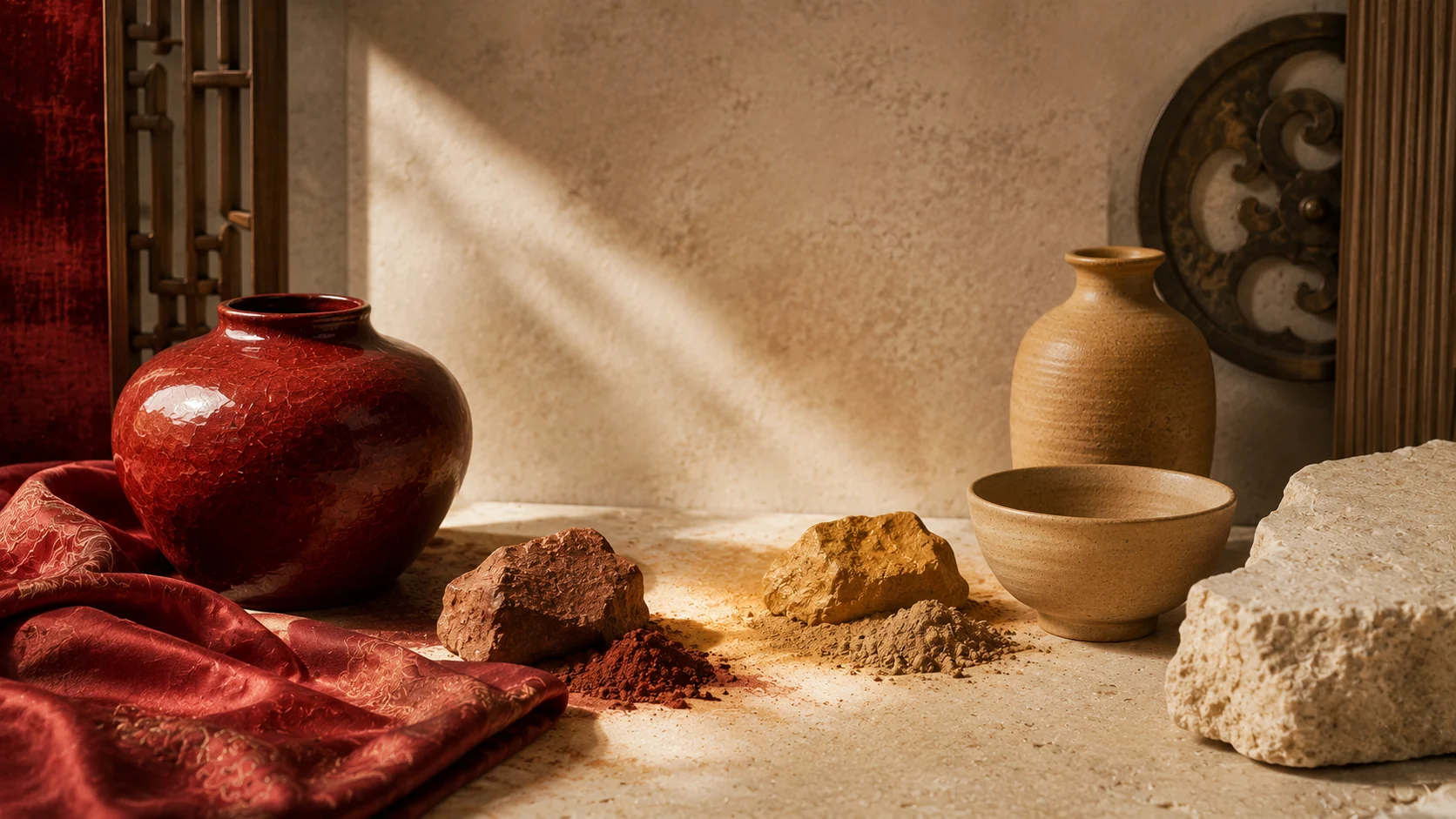 Cinnabar lacquer, warm light, ochre minerals, clay and ceramic illustrating the traditional Fire-to-Earth generating relationship in the Five Elements.