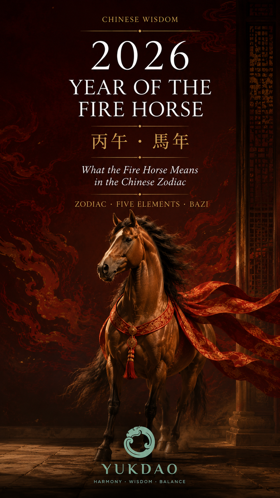 2026 Year of the Fire Horse editorial artwork featuring a Chinese horse and the Bing Wu characters 丙午.