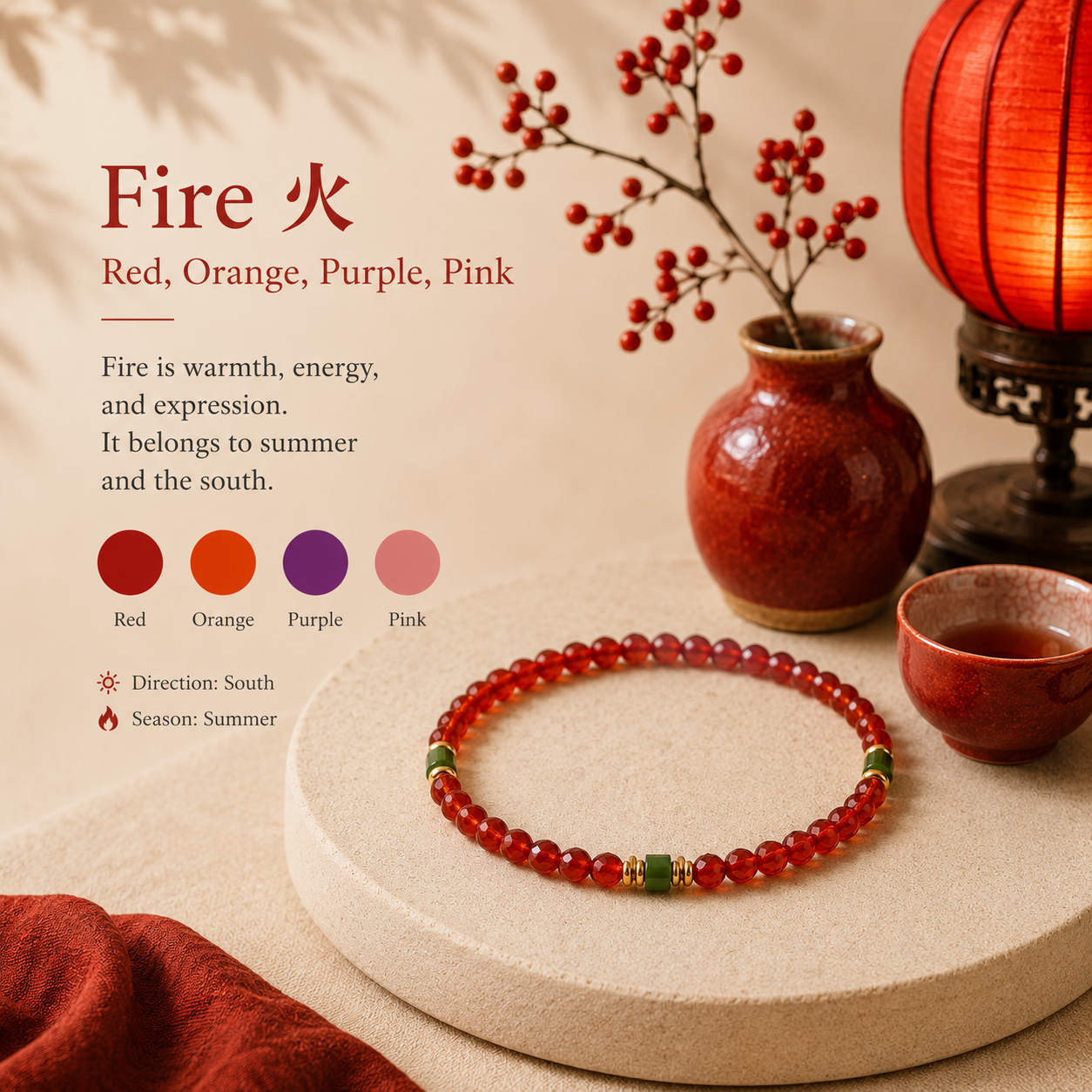 Fire element palette — a red agate bracelet on a stone plinth beside a red lantern, a vermilion vase and winter berry branches.