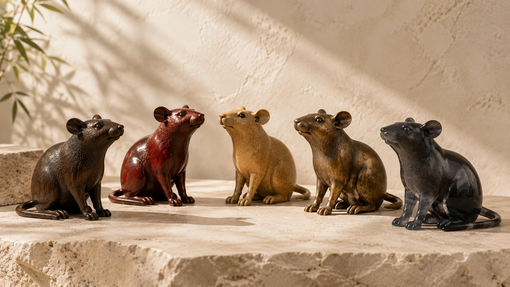 Five Rat sculptures representing Wood, Fire, Earth, Metal and Water Rat types.