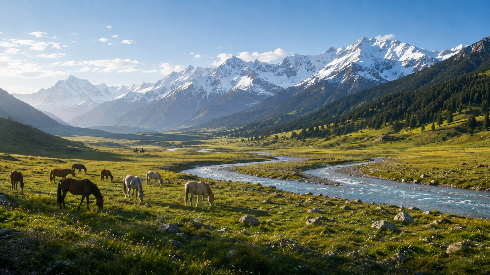 Snow-covered Tianshan Mountains rising above alpine grasslands and a turquoise river in Xinjiang.