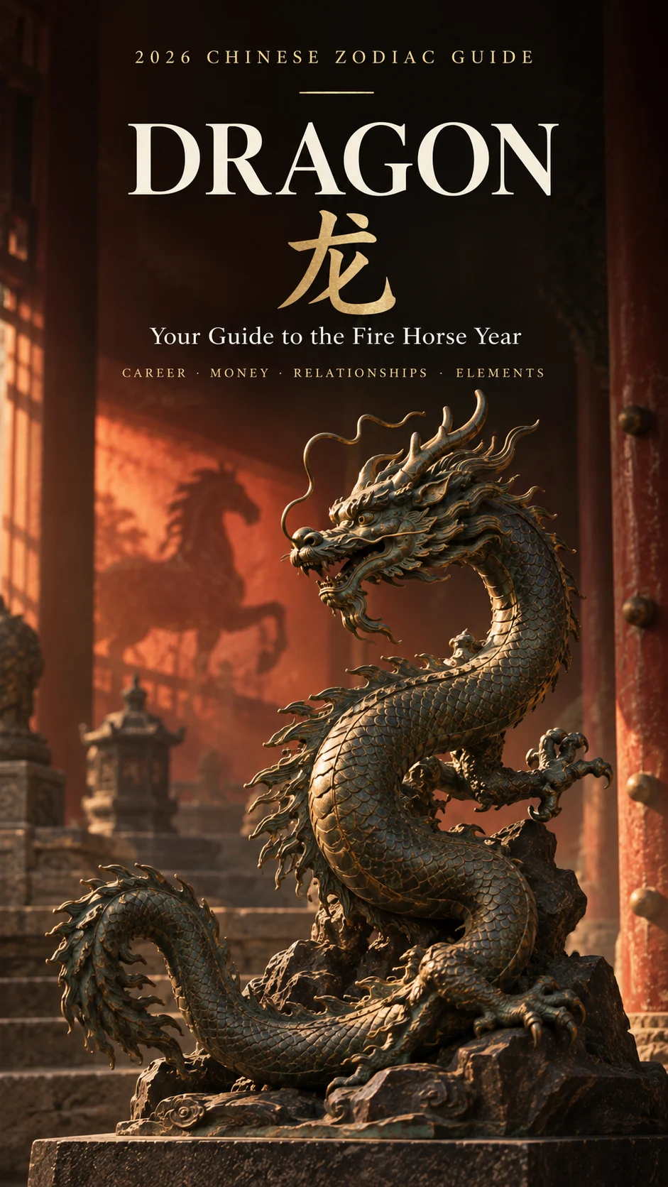 Bronze Dragon sculpture for the 2026 Dragon Chinese Zodiac Fire Horse guide.