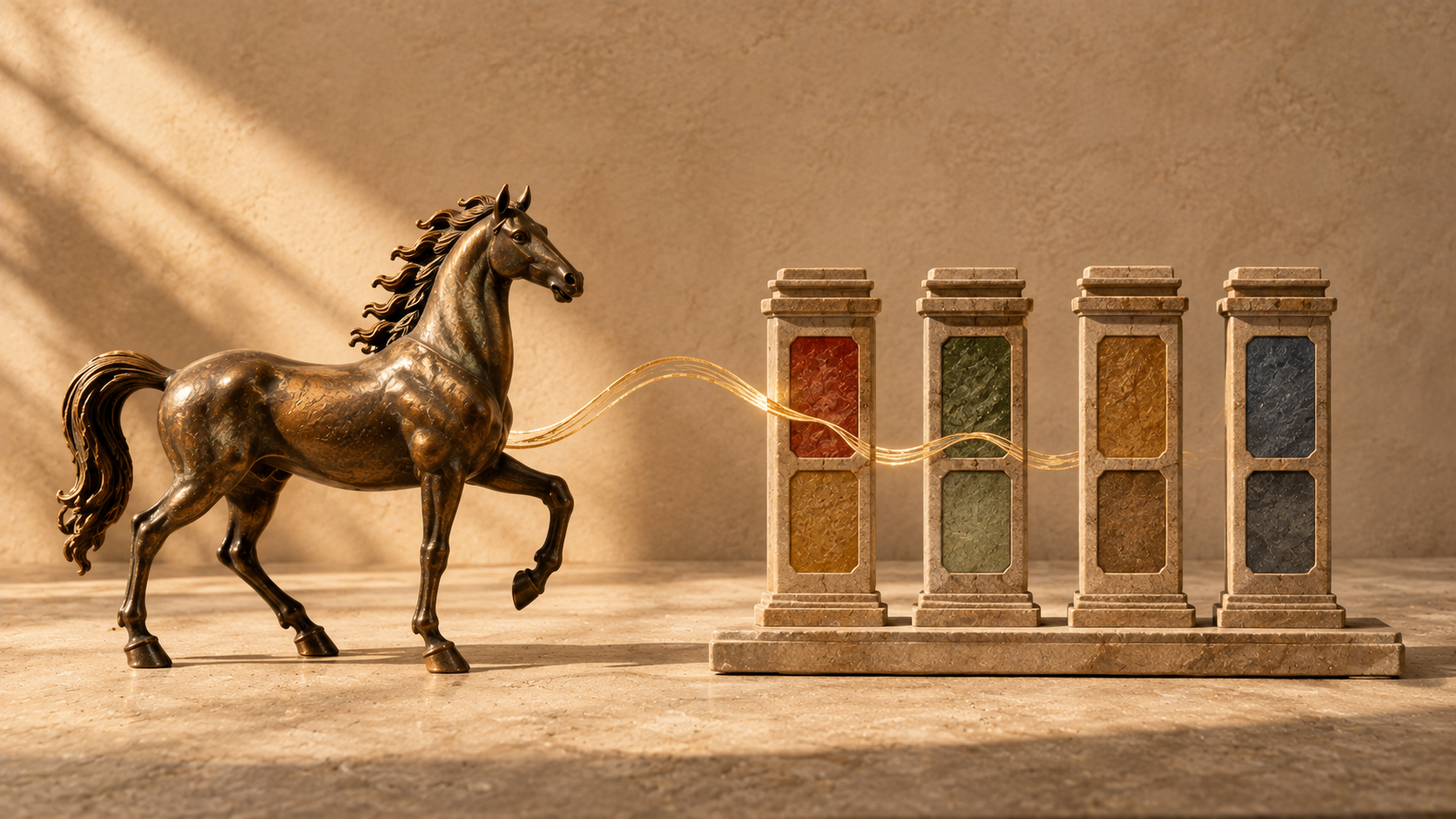 Bronze Horse connected to four symbolic BaZi pillars, illustrating how the zodiac animal forms only one part of a complete birth chart.