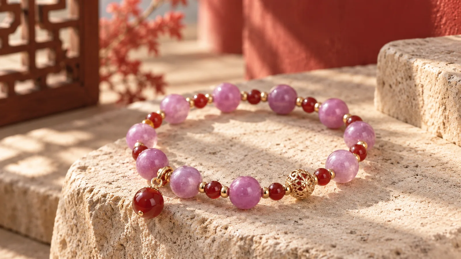 YukDao Fire Element Bracelet with cinnabar-red beads and Chinese Floral Sphere