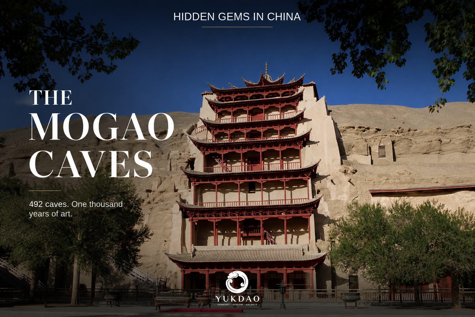 The nine-storey façade of the Mogao Caves carved into desert cliffs near Dunhuang, China.