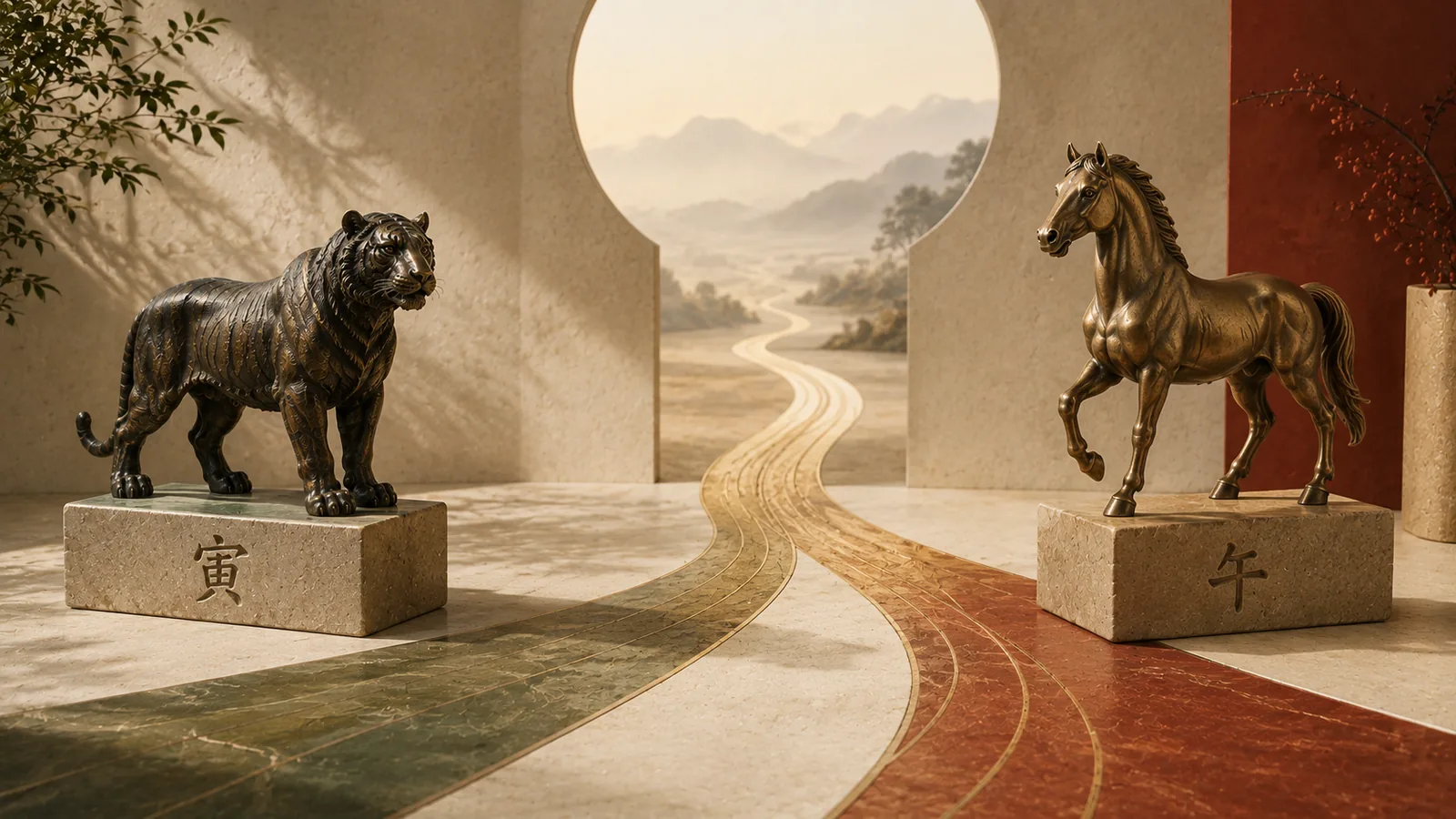 Bronze Tiger and Horse sculptures on a shared path representing the traditional Yin-Wu half harmony, 寅午半合, in the 2026 Fire Horse year.