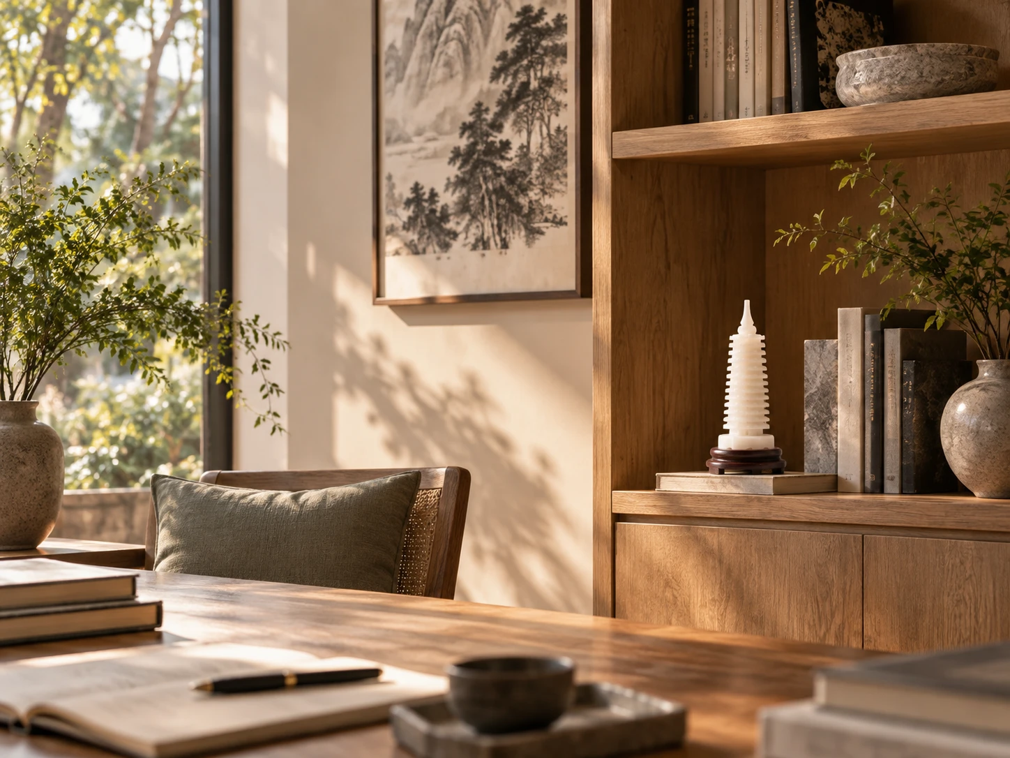 White jade Wenchang Pagoda displayed quietly among books in a contemporary study.