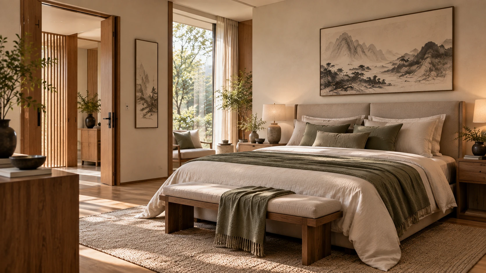 Serene contemporary bedroom with a supported bed, natural wood and muted sage textiles