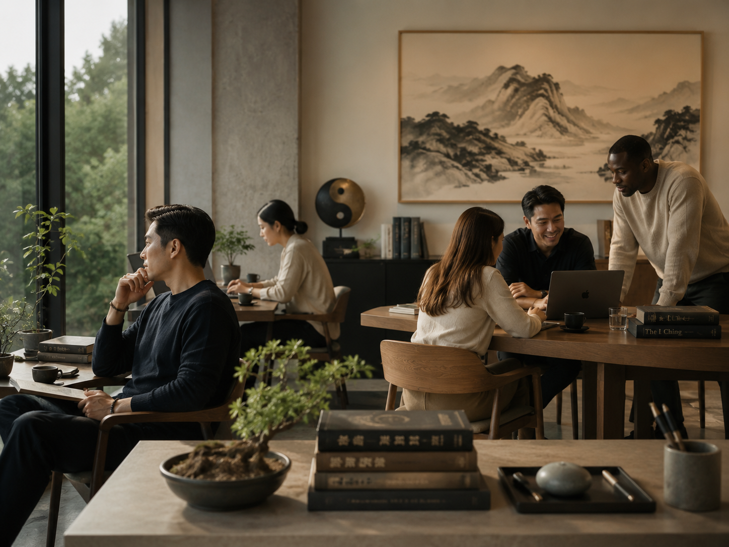 A diverse group of modern professionals working in a calm contemporary office featuring a bronze Yin Yang sculpture, an ink landscape painting and shelves of Chinese classics.