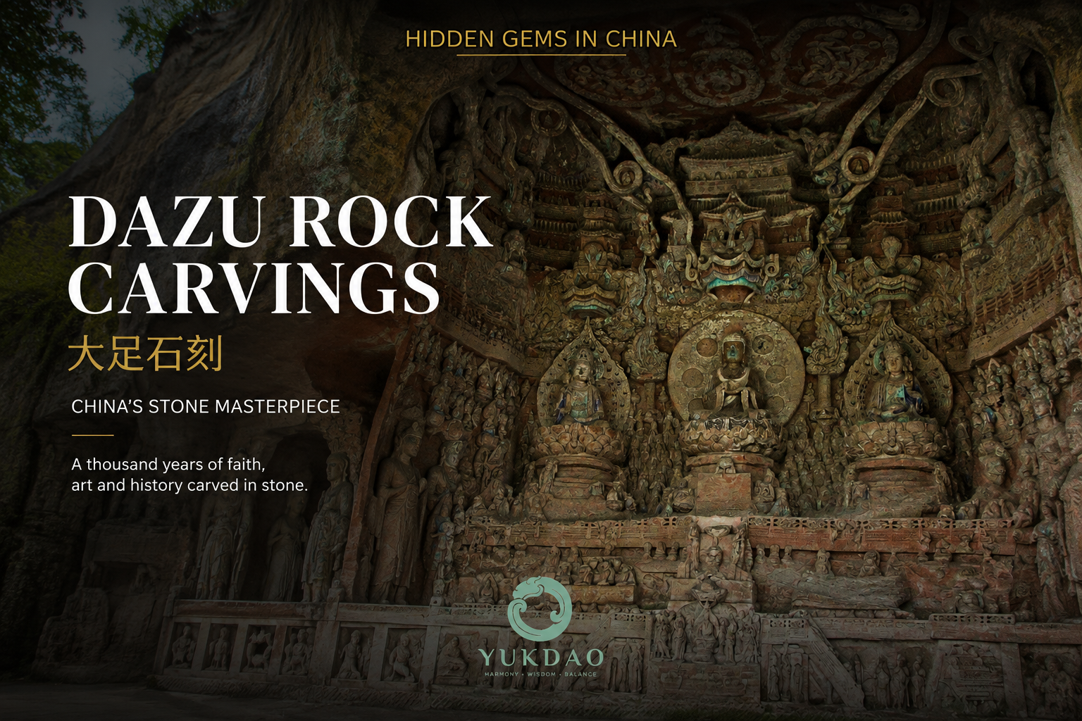 Intricate Buddhist stone sculptures at the Dazu Rock Carvings in Chongqing, China.