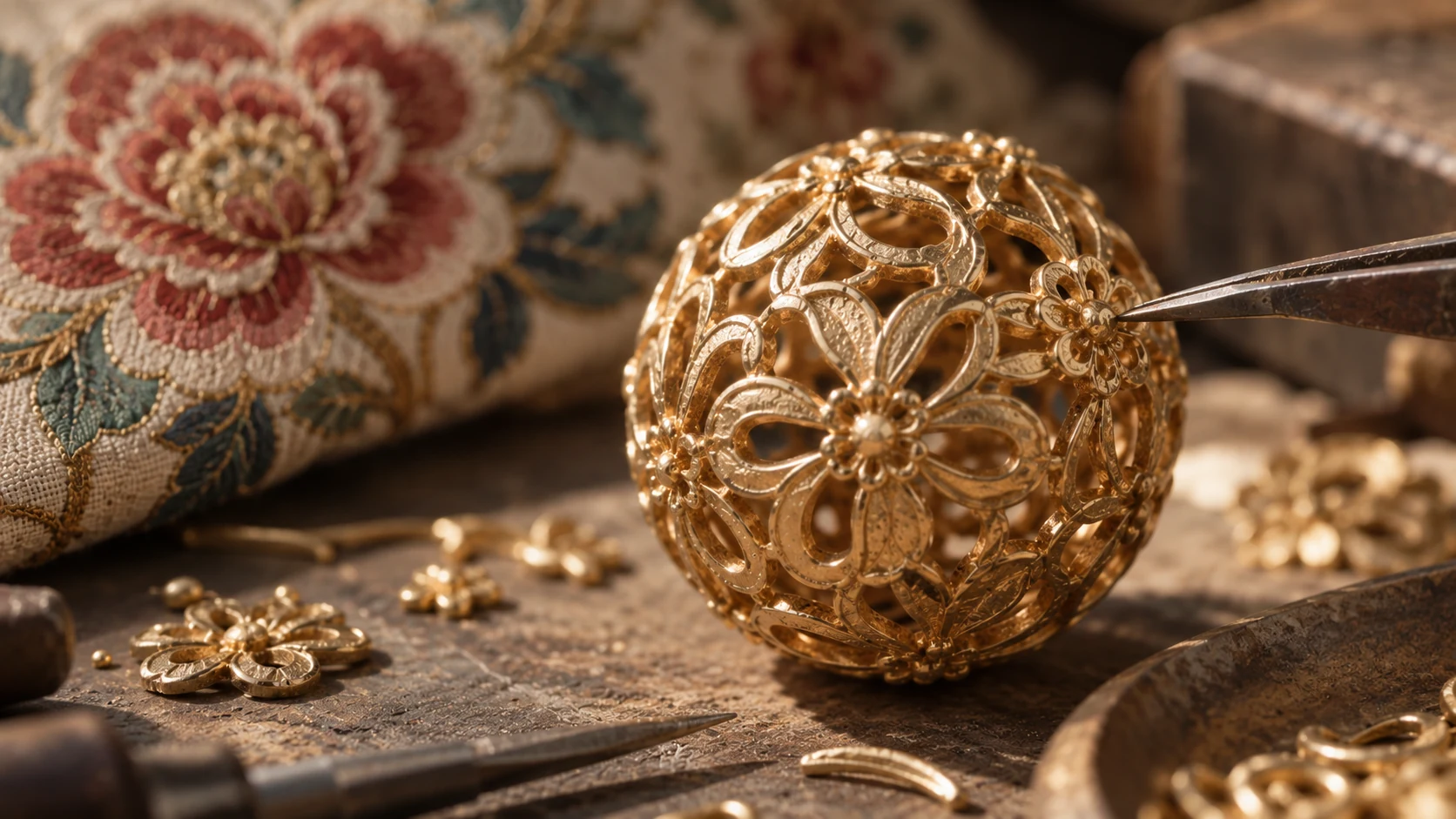 Close view of openwork metal floral ornament resembling embroidered thread.