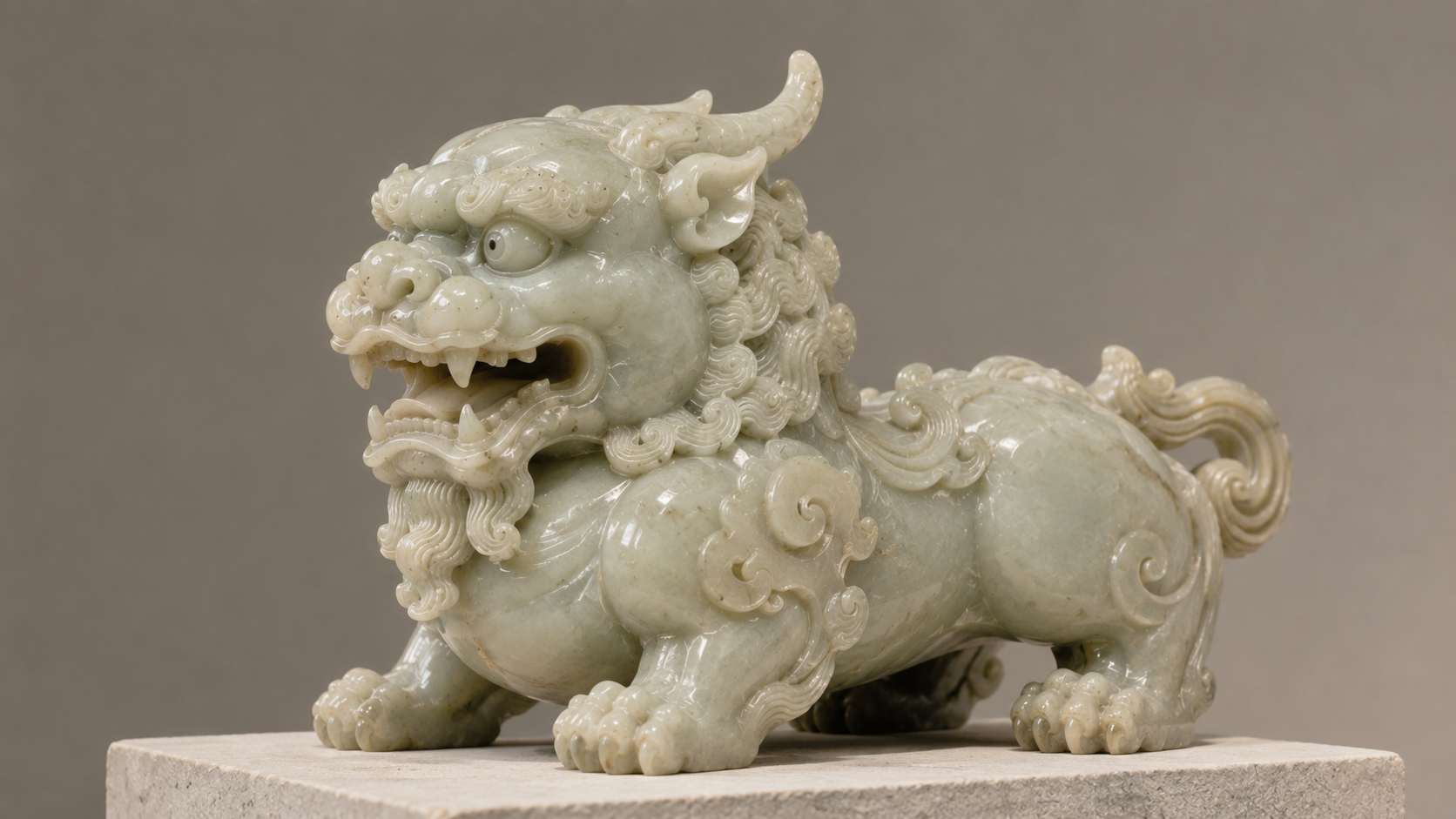 A pale celadon Pixiu sculpture photographed against a soft neutral background.