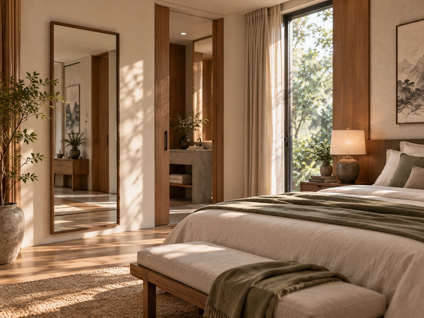 Contemporary bedroom with a full-length mirror positioned so it does not directly reflect the bed