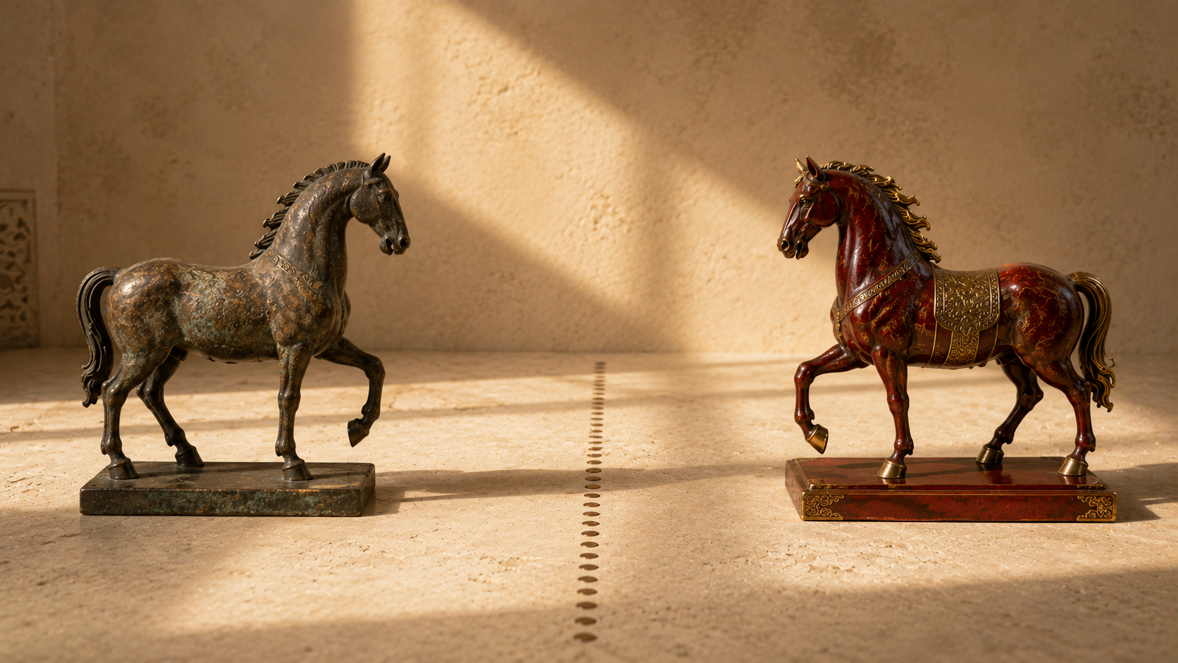 Two Chinese horse sculptures connected visually by sixty engraved marks representing the sixty-year Fire Horse cycle.