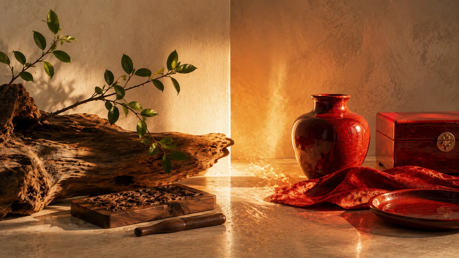 Green-glazed ceramics, wood and warm firelight illustrating the traditional Wood-generates-Fire relationship in the Five Elements.