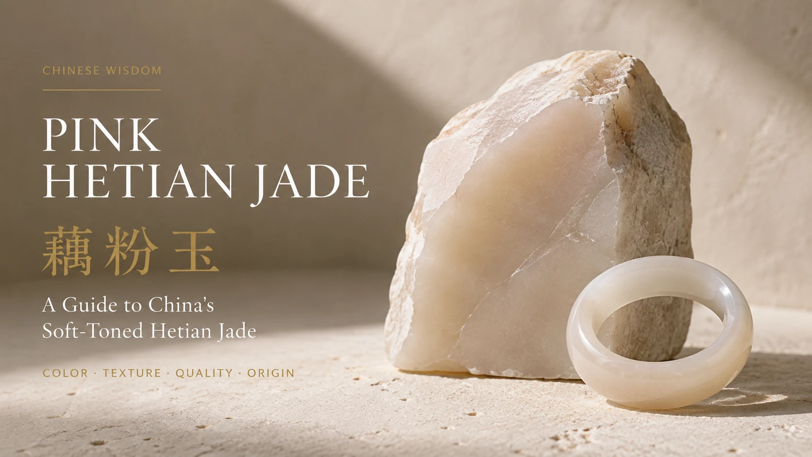 Soft pink 藕粉玉 Qinghai Hetian jade bangle and beads photographed in warm editorial light.