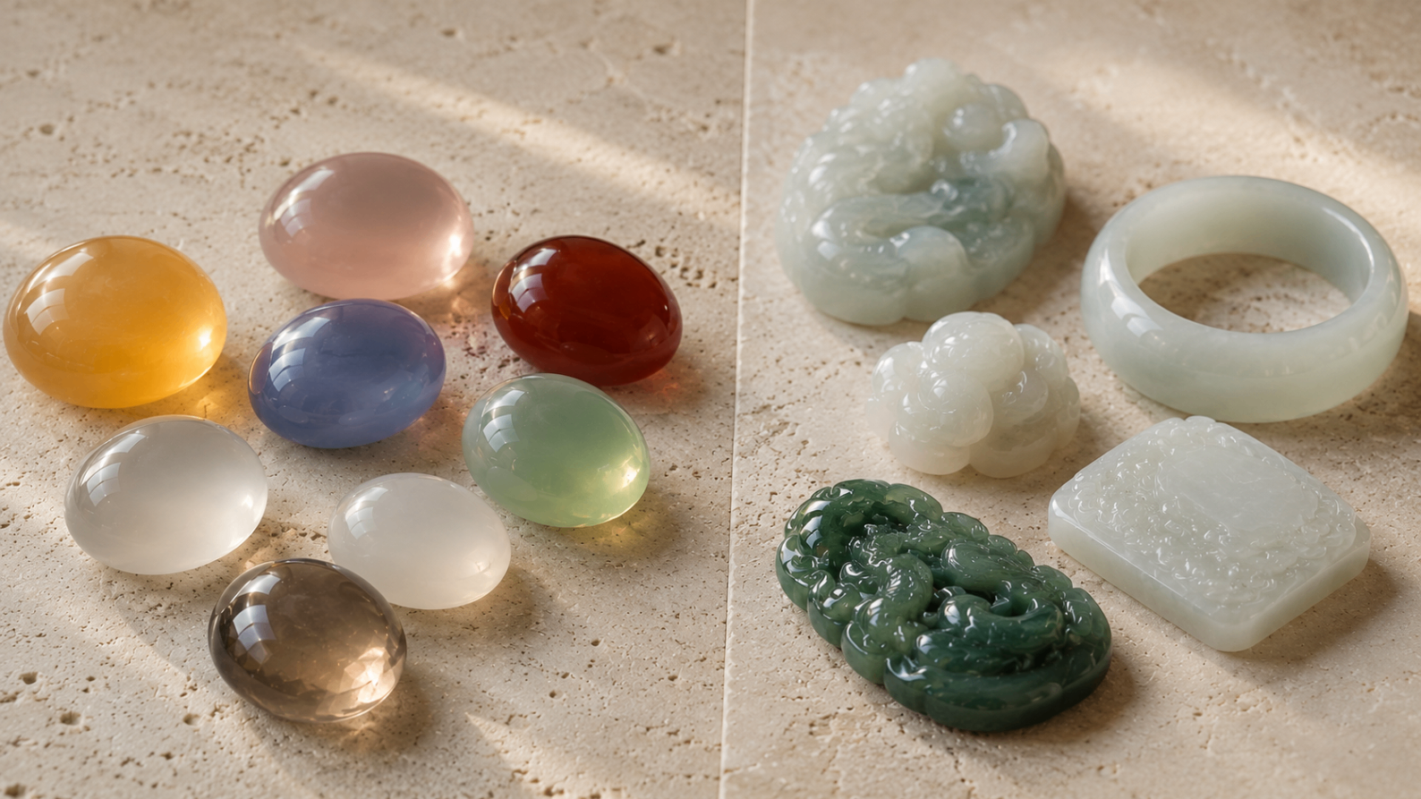 Editorial comparison between colorful chalcedony and carved jade.