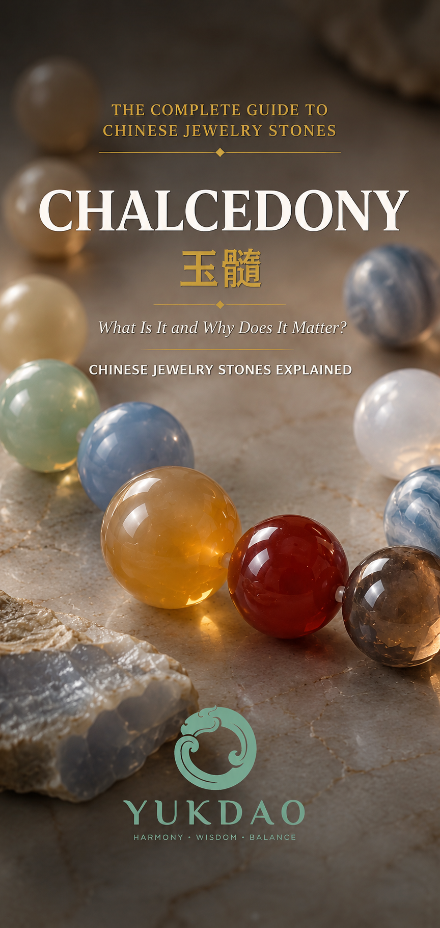 Colorful polished chalcedony gemstones displayed in an editorial composition introducing Chinese craftsmanship.