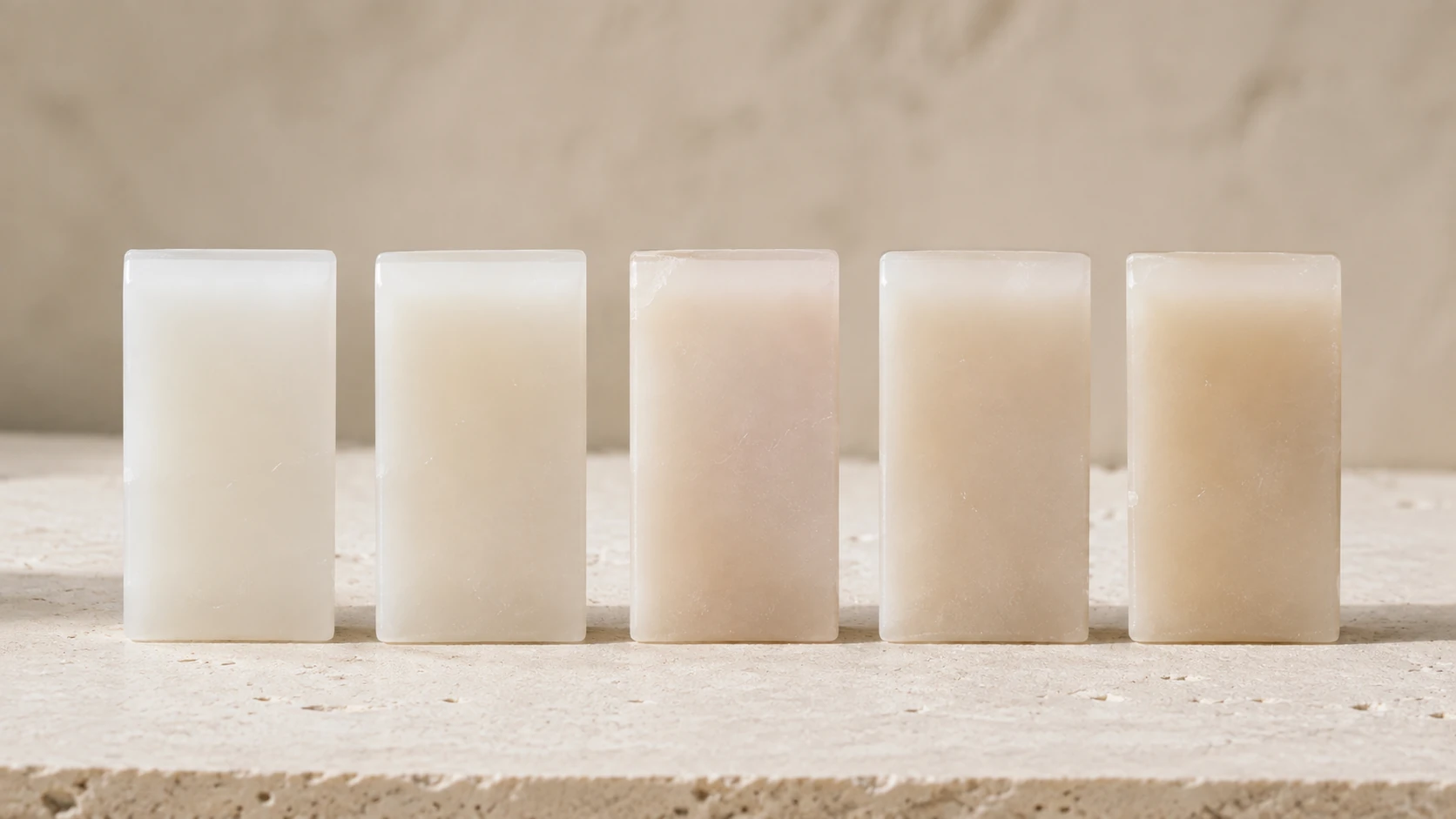 Range of 藕粉玉 jade blocks from warm ivory through beige to soft blush pink.