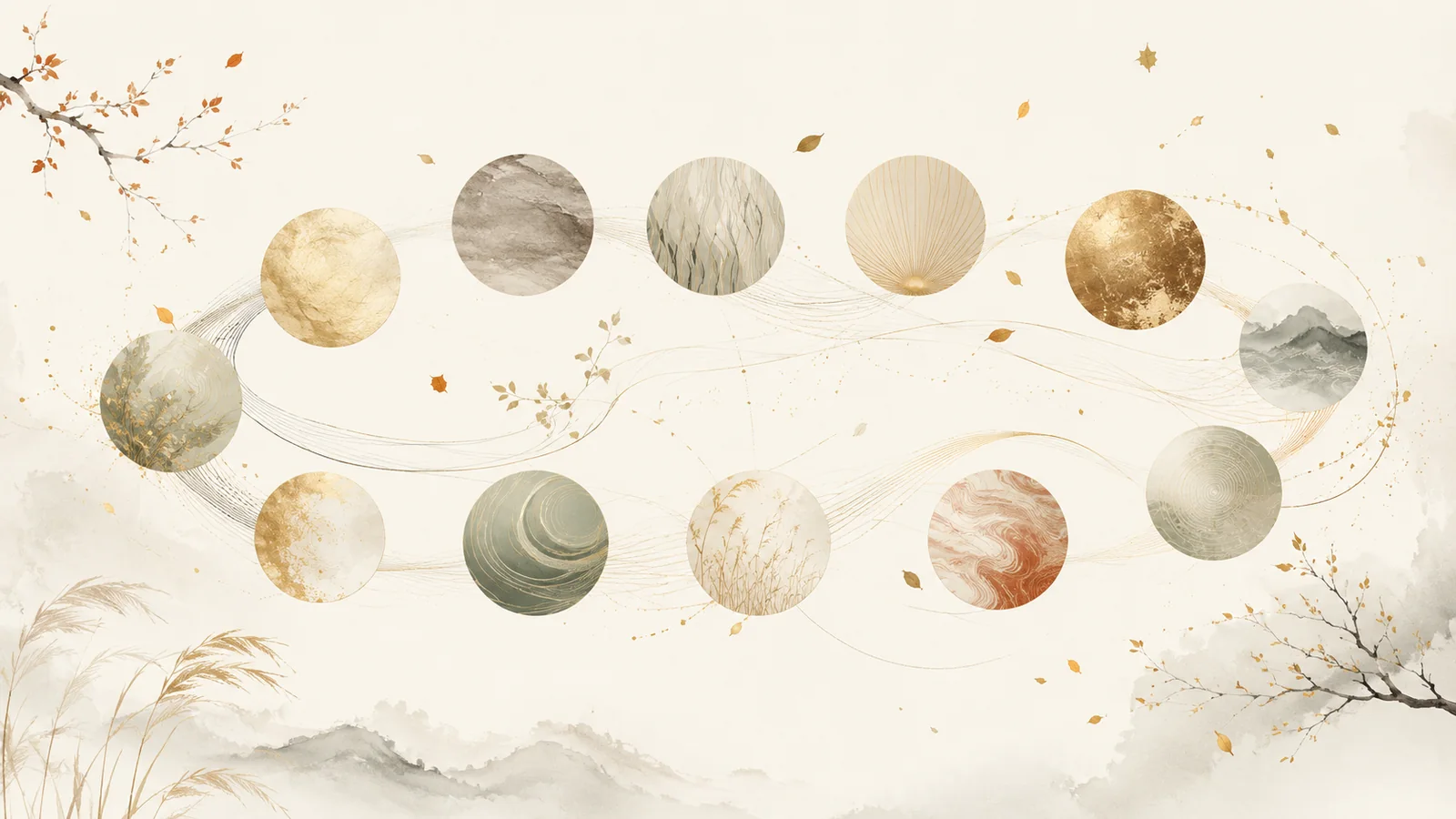 Twelve abstract circular forms connected by flowing lines, representing the Chinese zodiac in autumn.