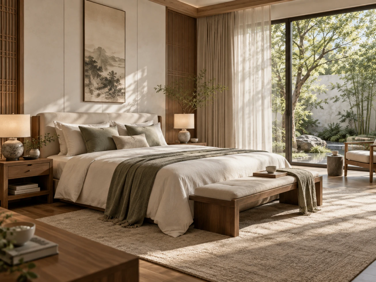 Quiet bedroom interior with warm natural materials and balanced furnishings