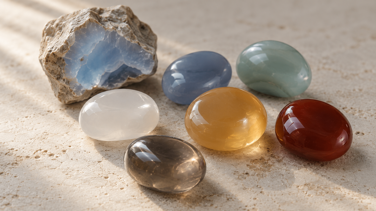Natural chalcedony specimens in multiple colors displayed beside a raw stone.