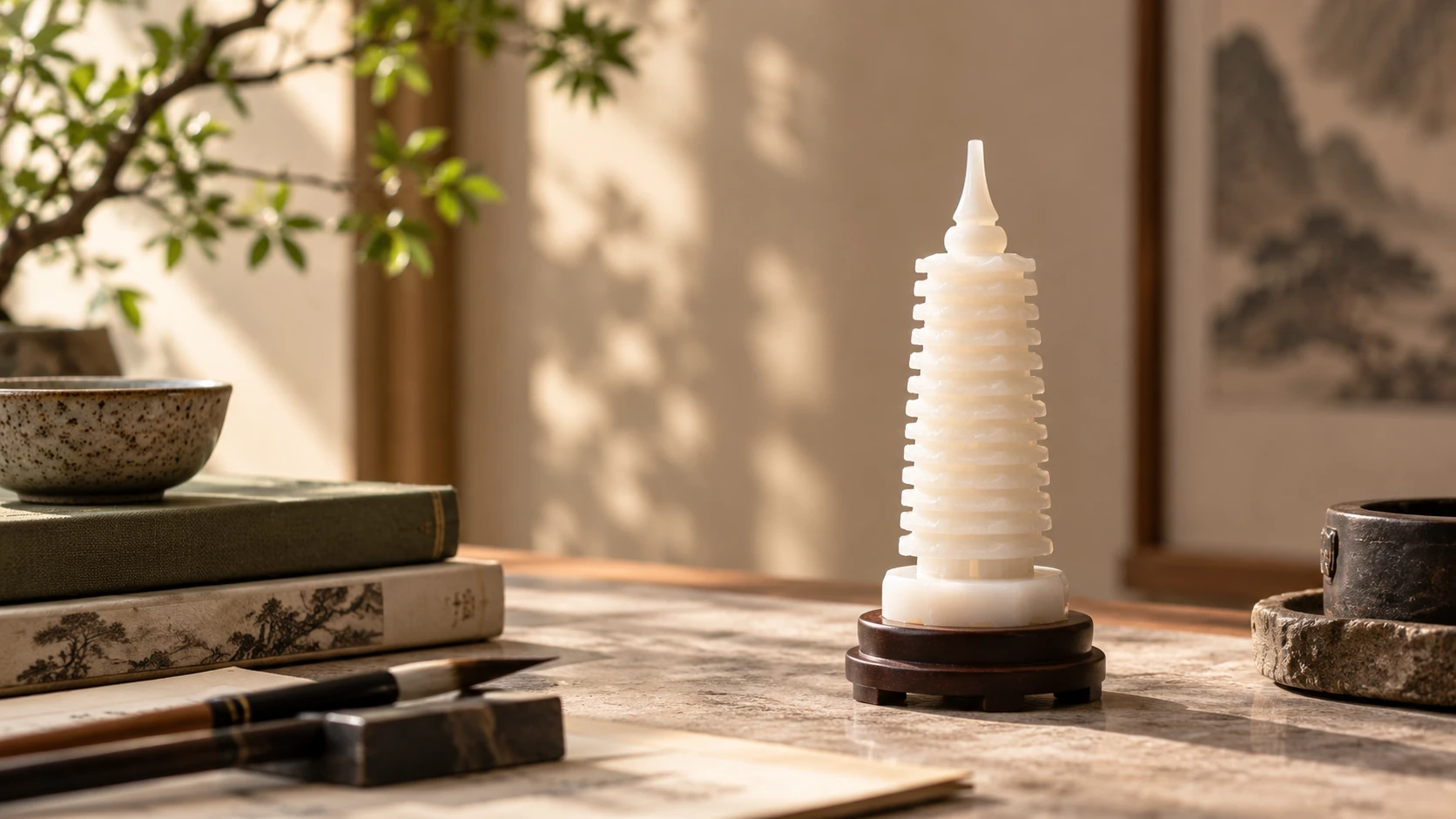 Thirteen-tier white jade Wenchang Pagoda in a restrained editorial study still life.